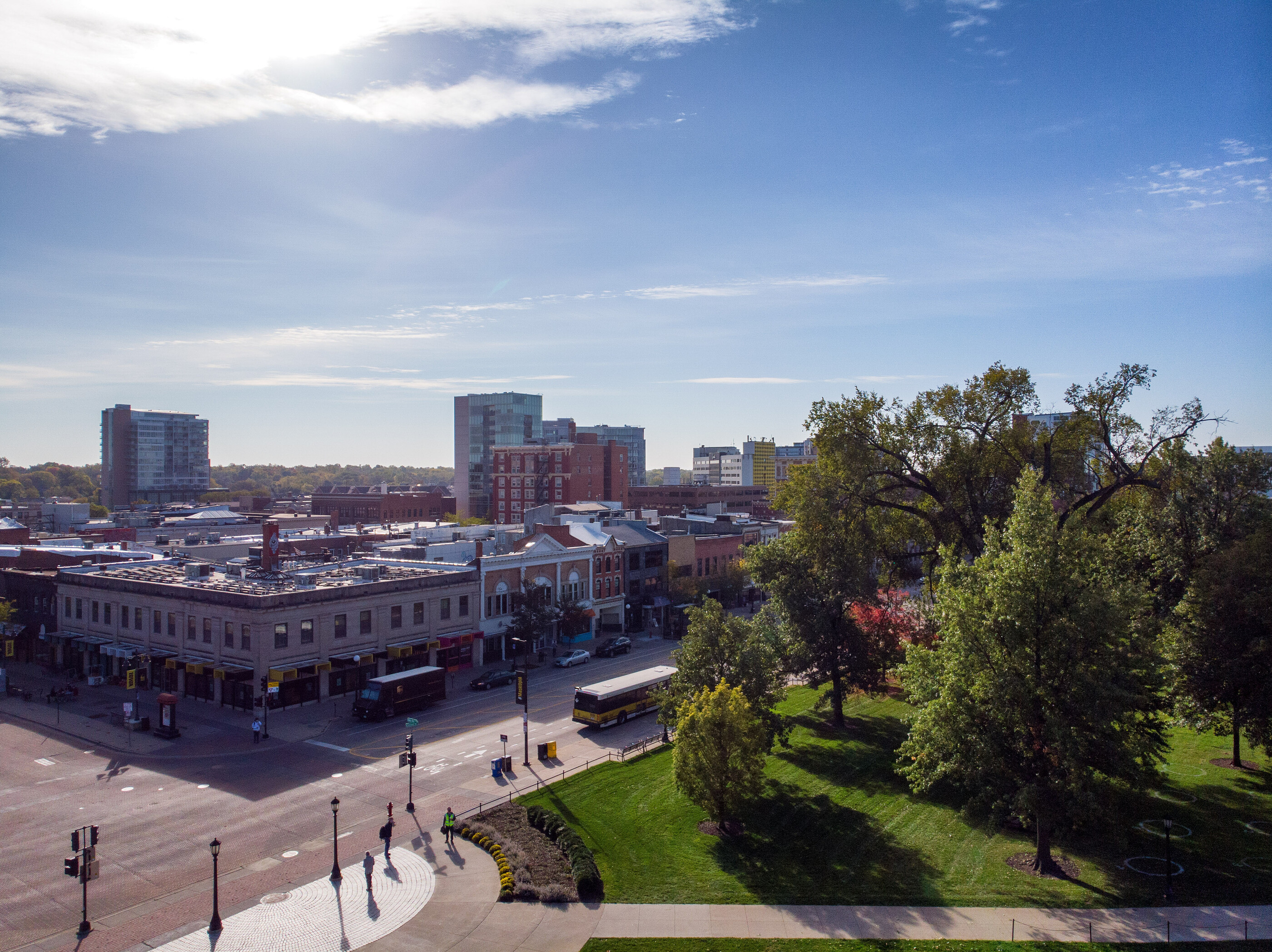 The corner of Iowa Avenue photographed from a drone above the Pentacrest